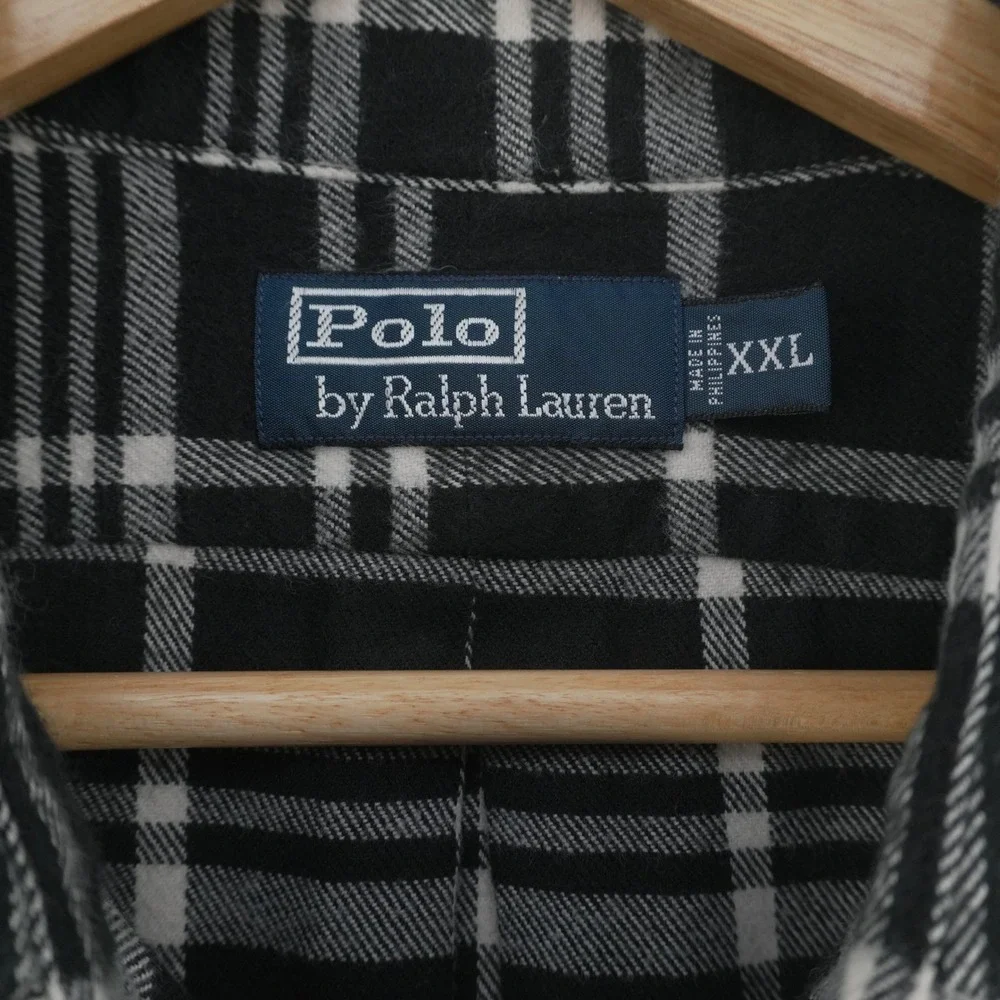 VTG Polo Ralph Lauren Flannel Shirt Men XXL Black White Plaid Button Down Pocket